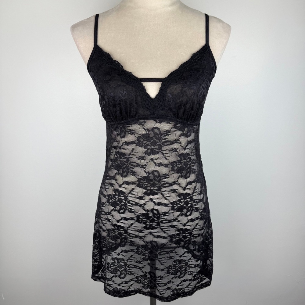 Black Floral Lace Sheer Chemise Slip Gown Adjustable Straps Womens Size Medium